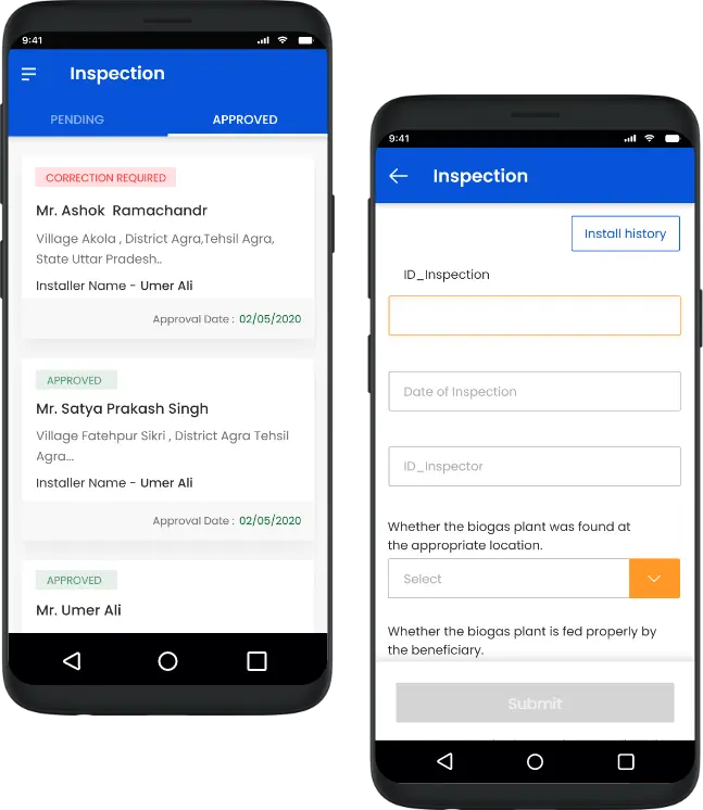 Biogas project inspection process with approval verification system